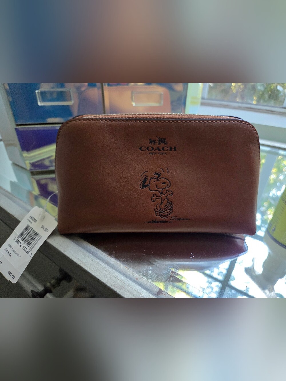 New Coach Brown Leather Snoopy Travel Makeup Pouch Bag